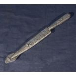 An unusual silver plated cast metal decorative dagger with scabbard, decorated with horses and