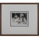 A framed etching of an accordion player, image size 11cm x 13cm