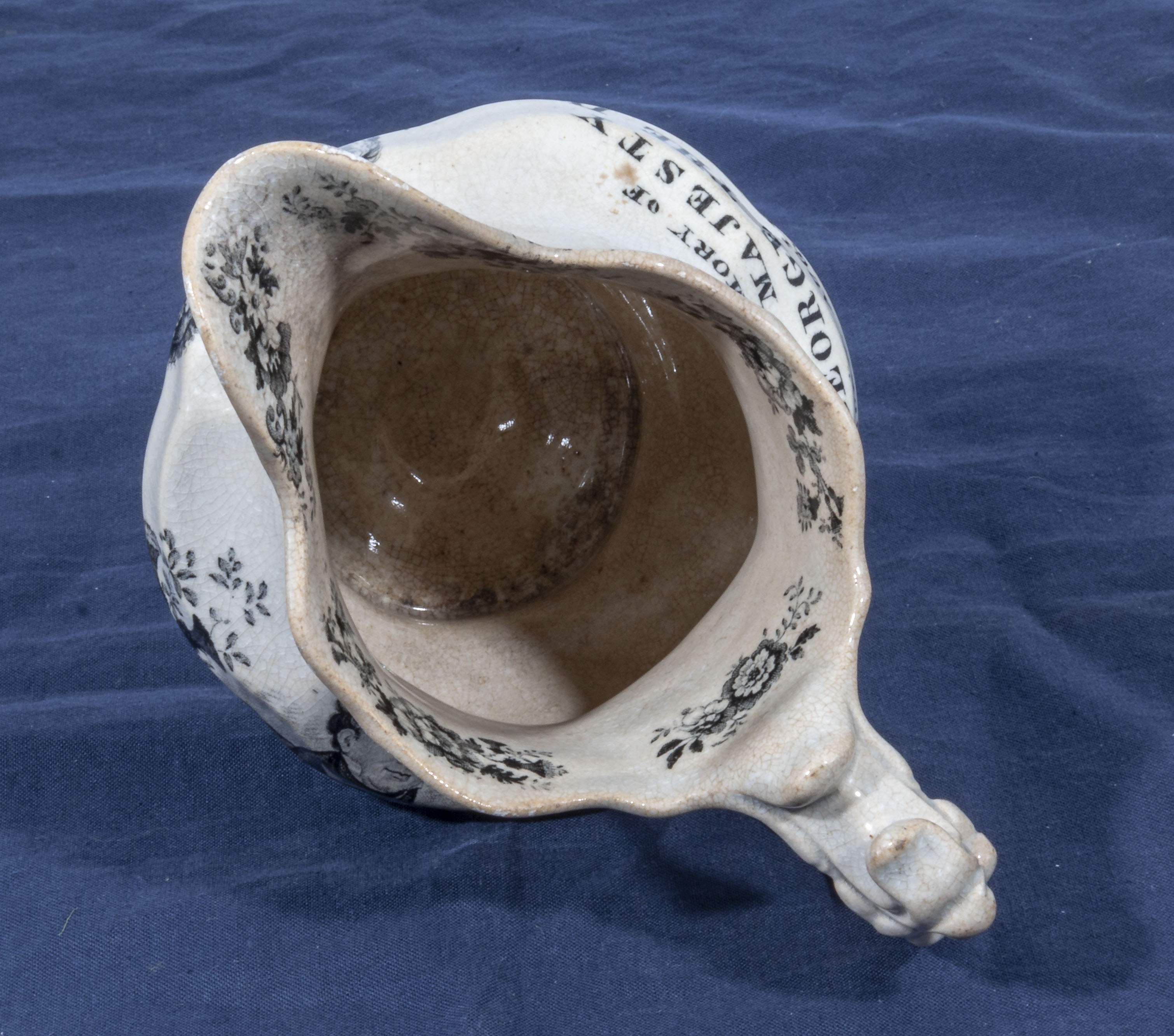 An antique black transfer printed- ware Staffordshire George 1V pottery jug. To the memory of his - Image 6 of 8