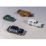 Three Vanguard diecast vehicles, Wolseley Austin Morris, Ford Anglia Van and Austin A35 together