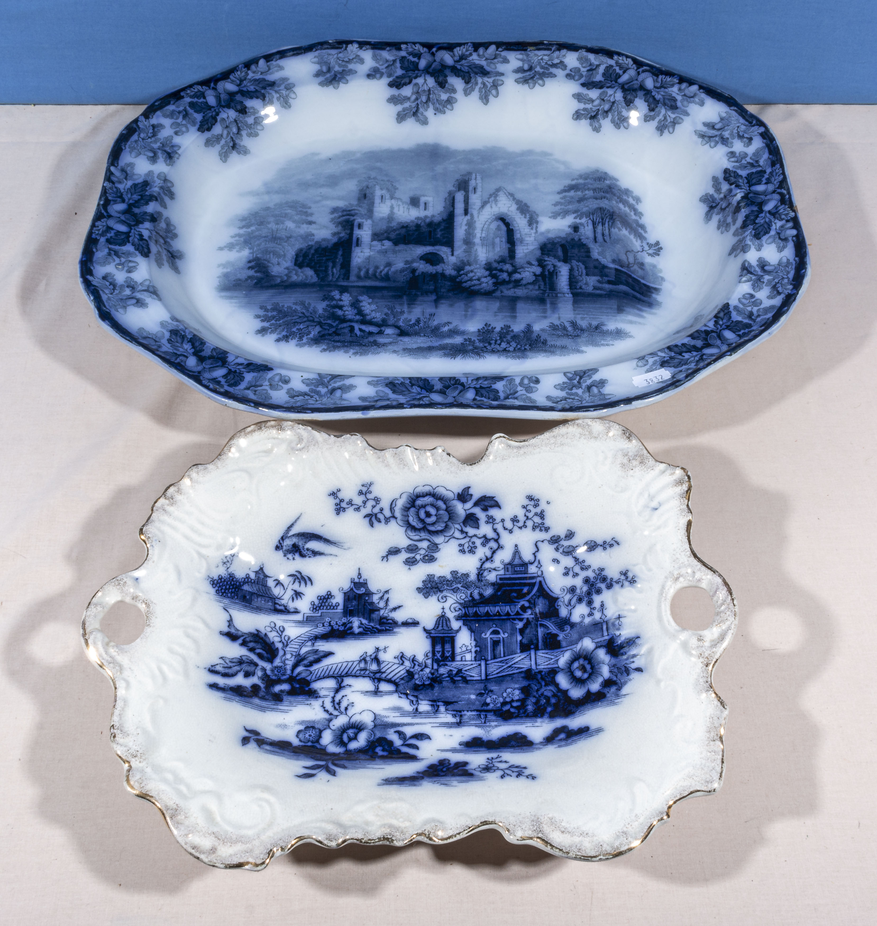 A blue and white transfer printed ashet and a serving dish, large ashet 24cm