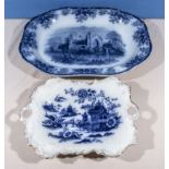 A blue and white transfer printed ashet and a serving dish, large ashet 24cm