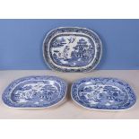 Three blue and white transfer printed willow pattern ashets