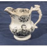 An antique black transfer printed- ware Staffordshire George 1V pottery jug. To the memory of his