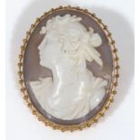 A Victorian fine quality carved shell cameo depicting a classical womans head and shoulders, in a