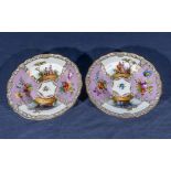 Pair of antique Meissen decorated dishes, depicting in panels flowers and a loving couples, bordered