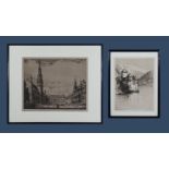 Two framed etchings of Chillon Castle and the Grande Place of Brussels, 24cm x 31cm and 20cm x 15cm