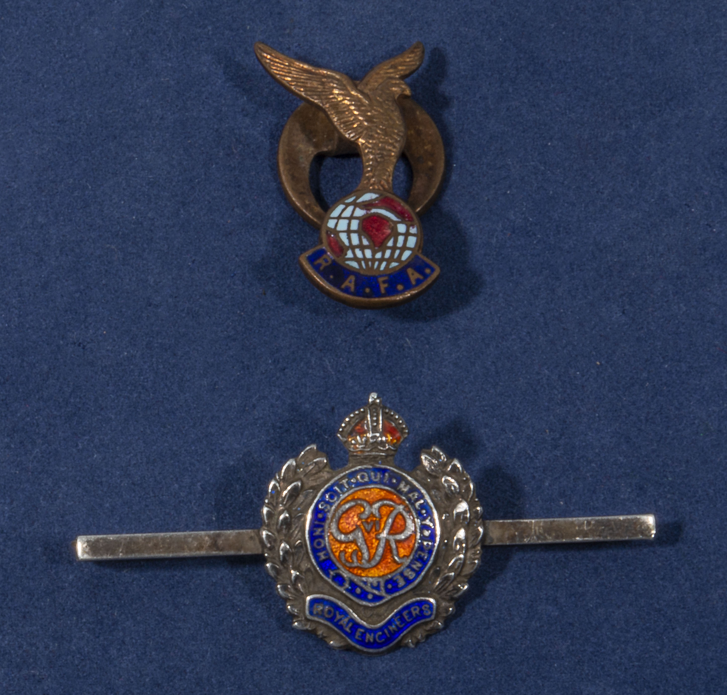 A military silver enamel Royal Engineers tie pin with a R.A.F.A enamel button badge (2)