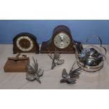 Two mantle clocks, plated kettle and other items