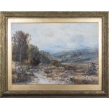 Albert Pollitt - a fine watercolour drawing of a Derbyshire landscape, with a shepherd and his