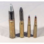 Four WW2 bullets stamped 2.66 UK, 1.66 UK, 20ml and 26ml