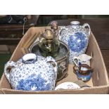 A box of mixed pottery, a brass pot and a lamp