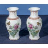 A pair of small Chinese republic famile rose fish tail vases finely decorated with birds amongst