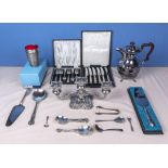 Two cases of cutlery, a coffee pot and other silver plated items