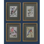 Four framed silk embroidered pictures of birds, 19cm x 15cm