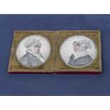 A Georgian double portraited miniatures of oval shape, fitted in a red morocco leather case,