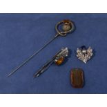 Scottish antique thistle hat pin with coloured stone, silver Scottish thistle brooch and 2