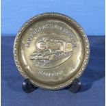 Ravenglass and Eskdale railway antique brass ash tray/pin tray, embossed with a steam train of the