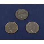 Three British two pound pieces, Tercentenary of the Bill of Rights 1689-1989, European Football