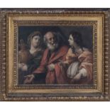 Antique old master coloured print of Lot with his daughters, in a period gilt-wood frame. Old