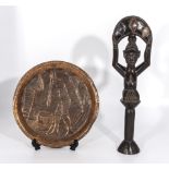 An African fertility figure and a copper tray, 39cm and 25cm dia.