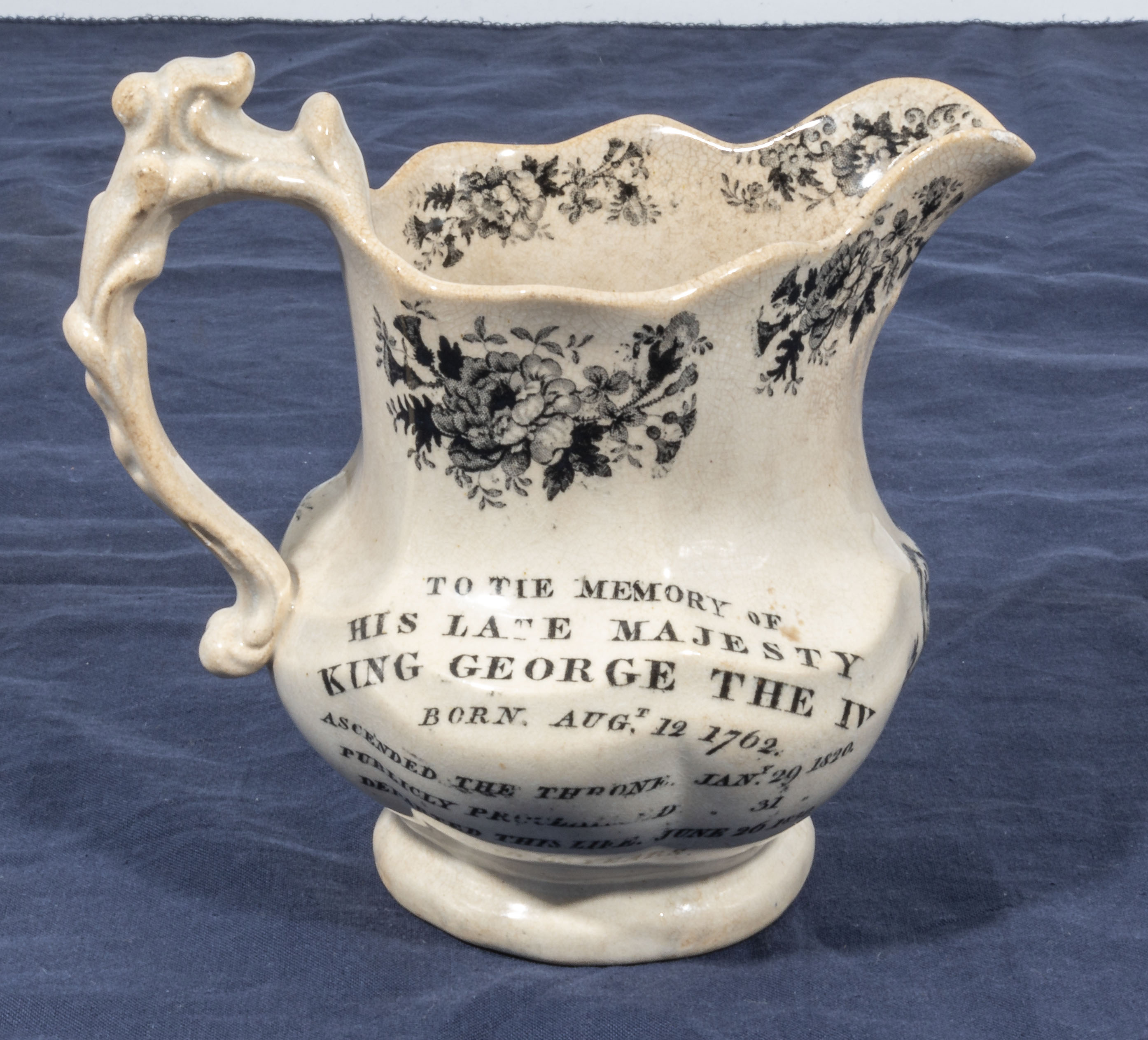 An antique black transfer printed- ware Staffordshire George 1V pottery jug. To the memory of his - Image 3 of 8