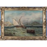 A gilt framed oil on canvas depicting a seascape, signed and dated, 25" by 35"