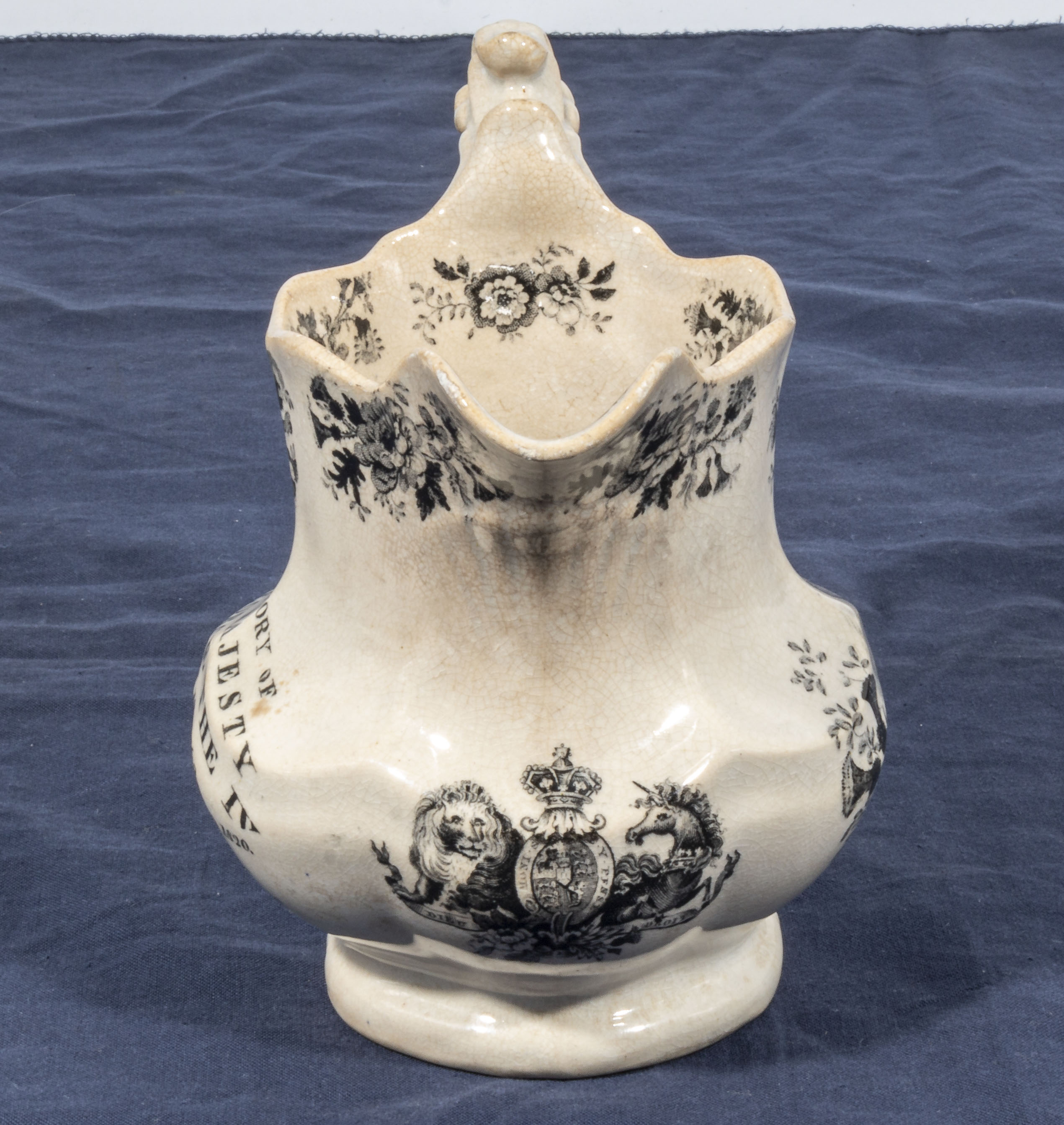 An antique black transfer printed- ware Staffordshire George 1V pottery jug. To the memory of his - Image 2 of 8