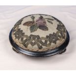 A Victorian small round footstool with bead embroidered top, 27cm dia.