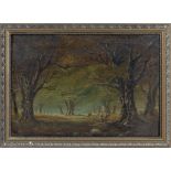 Charnwood Forest, small oil painting on canvas of a forest with sheep grazing, in gilt frame,