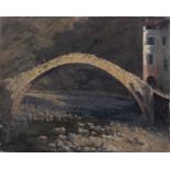 C S Meacham, listed modern British artist, oil painting on canvas depicting a bridge in Italy