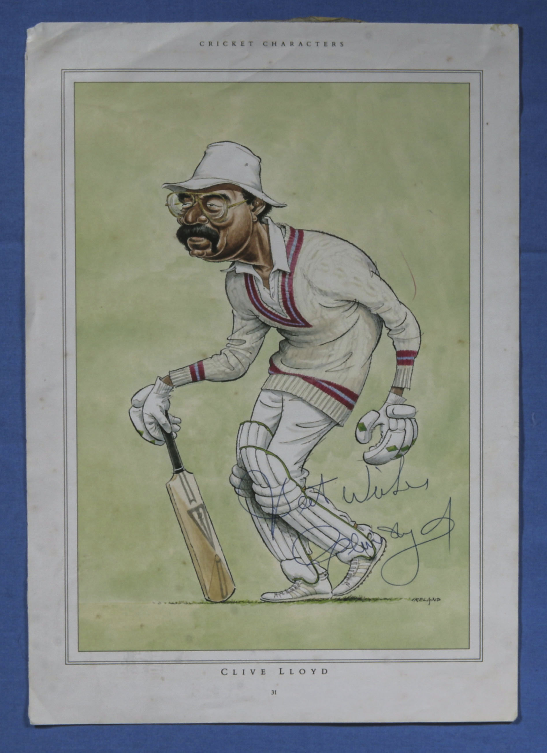 Clive Lloyd, ink signed, cricket characters coloured print by Ireland. unframed. size.13" x 9"