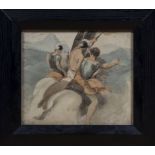Antique water-colour drawing of 3 horsemen, unsigned framed and glazed, overall size. 9" x 10"