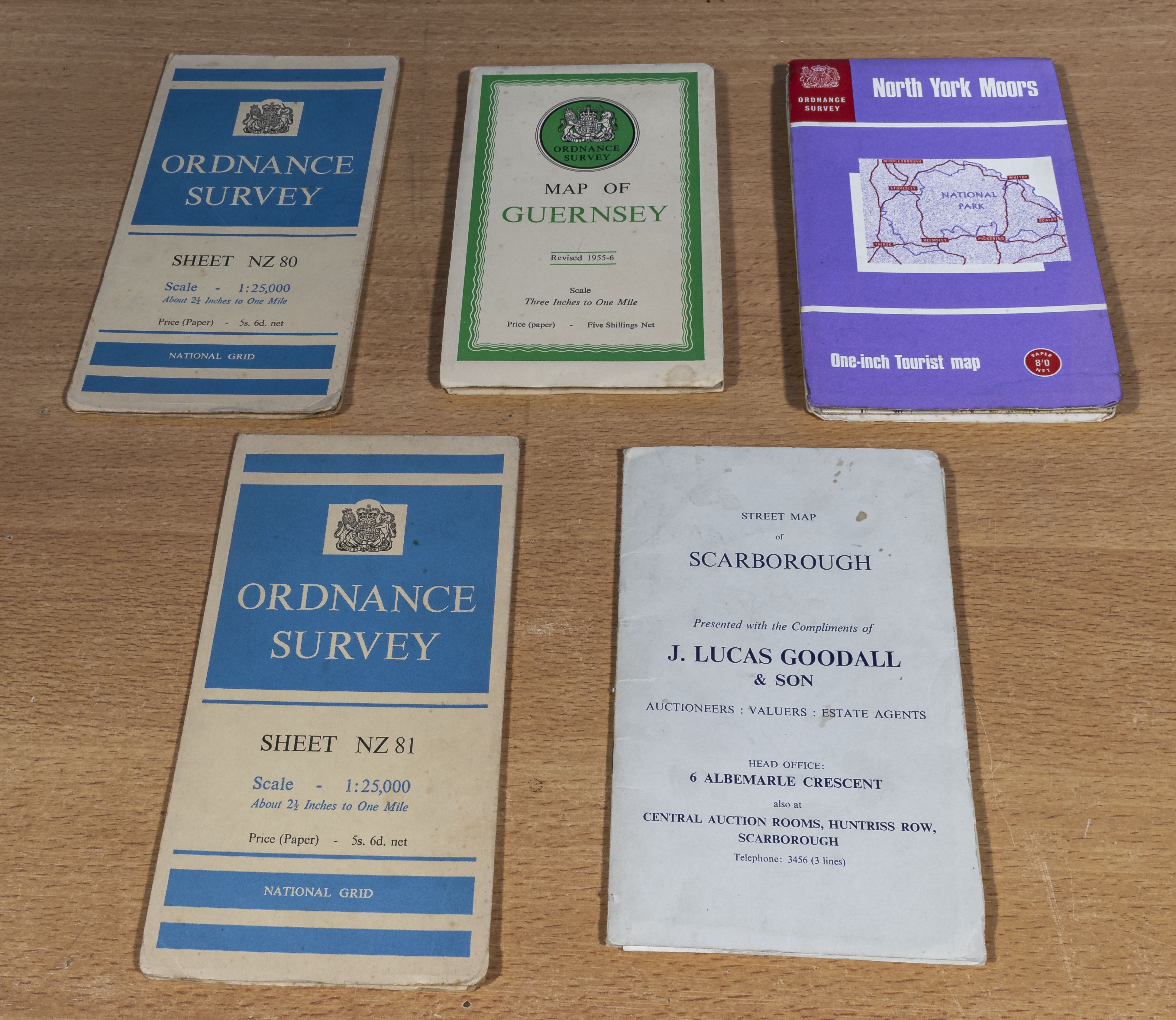 Four Ordnance Survey paper maps, Guernsey, North Yorkshire Moors, sheet NZ80 and sheet NZ81 together