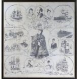 Queen Victoria picture printed on silk, 'God Save the Queen' commemoration of her long reign with