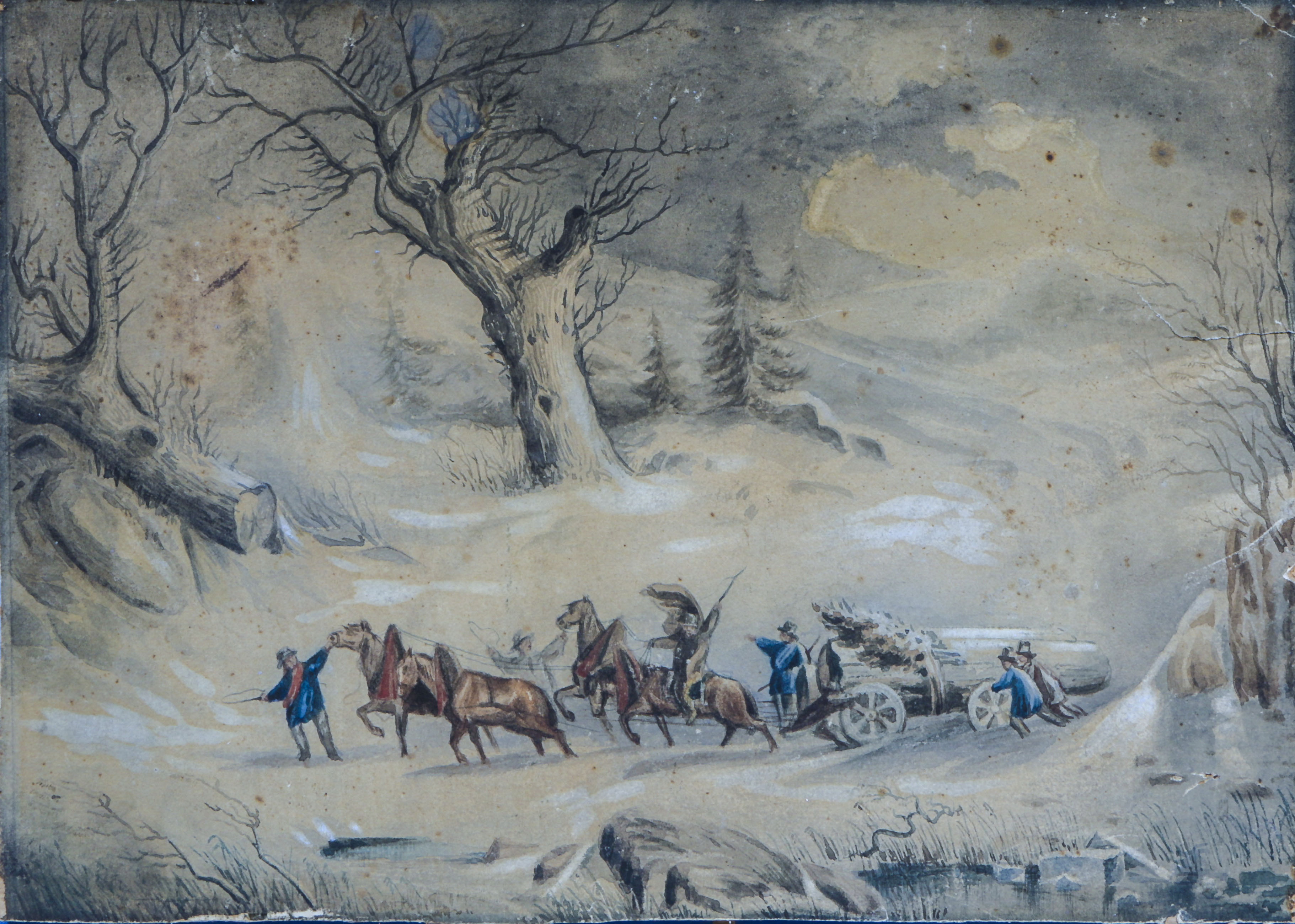 Antique watercolour depicting horses hauling logs in a winter landscape with figures, unframed and