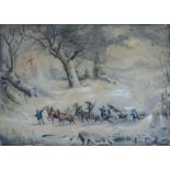 Antique watercolour depicting horses hauling logs in a winter landscape with figures, unframed and