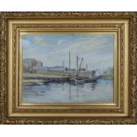 Gilt framed oil on board titled verso Carlisle Quay, River Cart Paisley, signed J Reid Orr.