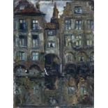 Dutch/Belgium impressionist oil painting on card ,depicting a canal scene with houses thickly