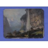 Swiss oil painting on card, depicting a waterfall, inscribed to verso Canton and Berne, Stanbbach.