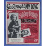 Shirley Temple. Music sheet. Goodnight My Love, from the musical Stowaway. In charge of