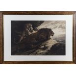 Herbert Dicksee a fine hand coloured art- etching of a pair of lion cubs in a mountainous landscape.