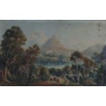 Antique watercolour of a continental lake scene with figures, with a mountainous village in the
