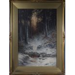 J Farquharson - a winter woodland scene with deer, circa 1900 glazed and framed. Size 36" x 27"