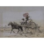 Antique litho print of a horse pulling a cart with figures, numbered 3917. probably Sicilian.