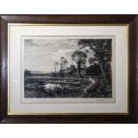 Benjamin Leader - an oak framed etching of a country scene, pencil signed to mount. Size 33.5" x