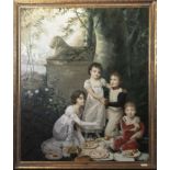 A large gilt framed 20th century oil on canvas depicting a Victorian family portariat of children,