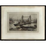 Henry G Walker listed artist coloured etching (pencil signed) of Tower Bridge and the pool of