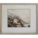 Water-colour drawing depicting a hotel/tavern on the side of a busy river with shipping and figures,