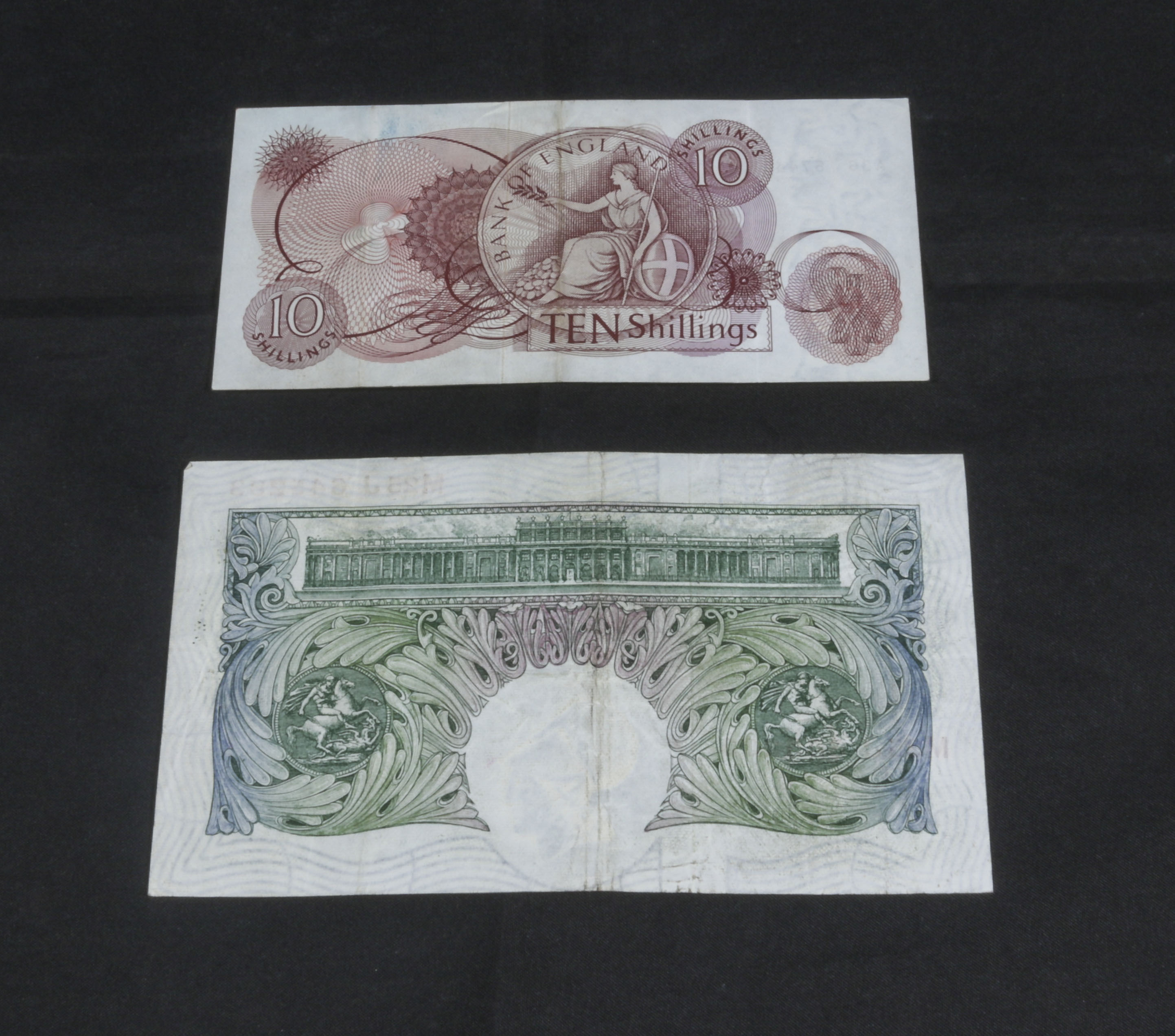 Bank of England 10 shillings brown paper note. Number A36.574425, with a green paper £1 note. O' - Image 2 of 2